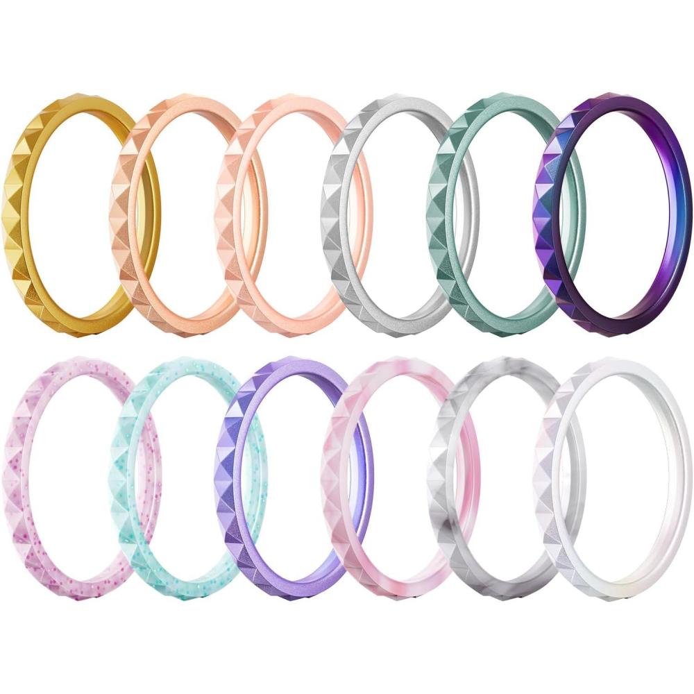 imageEgnaro Silicone Wedding bands women25mm Wide 2mm Thick Gold and Silver Rubber Rings with Half Size48 Variety MultipackSETLGold Peach Pink Rose Gold Silver Metallic Green Galaxy Pink Sparkle Green Transparent Glitter Metallic Starry Purple Pink Camo Marble Metallic Pearl White
