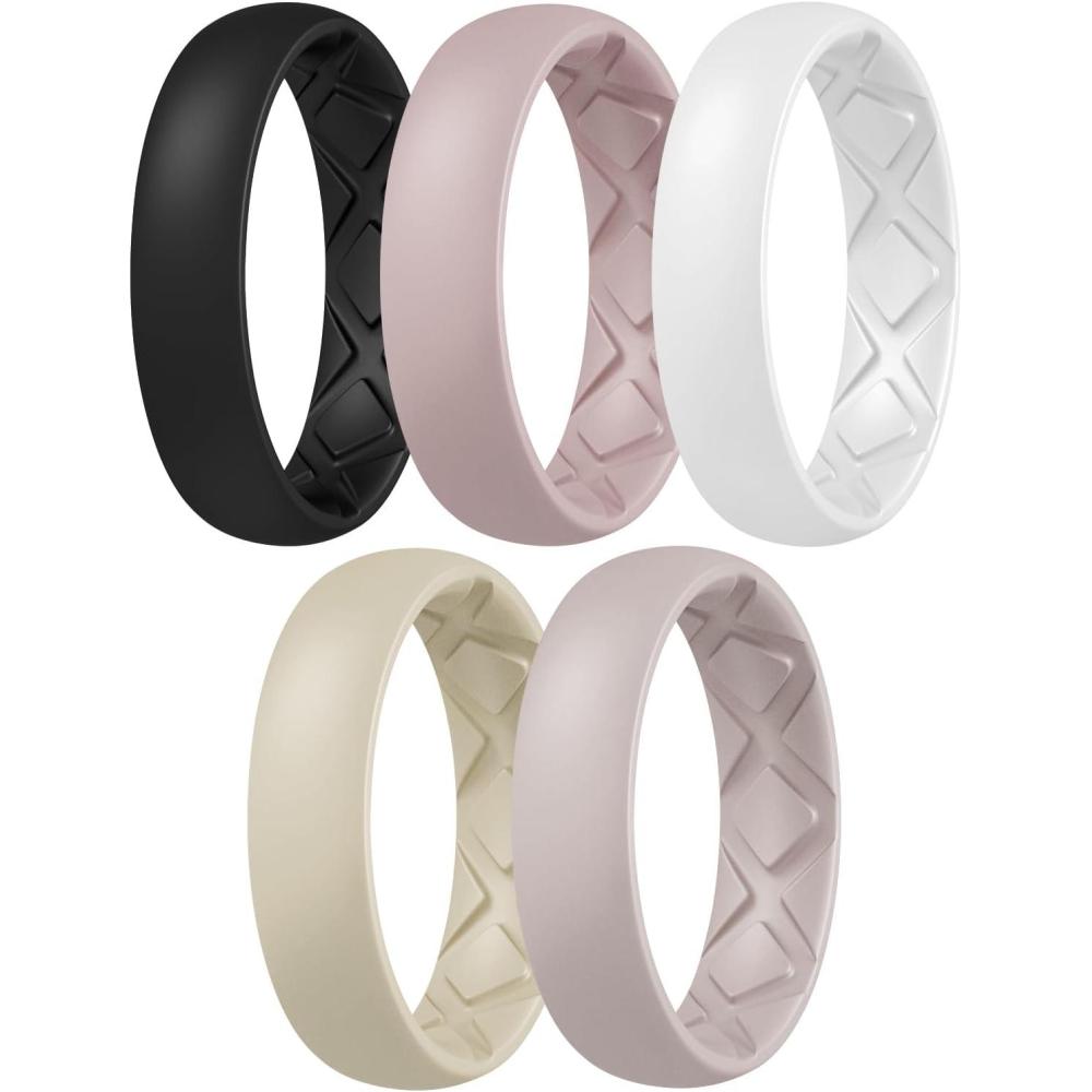 imageEgnaro Womens Band Rings Silicone Inner Arc Ergonomic Breathable Design with half sizes Rubber Wedding Bands55mm Wide2mm ThickA1Royal Black  Bright Peach  Princess White  Cream Beige  Cloudy Pink