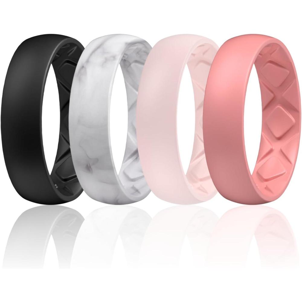 imageEgnaro Womens Bridal Rings Sets 6mm Wide 2mm Thick Silicone Wedding Rubber Band with Half Size Inner Arc Ergonomic Breathable DesignSETABlack  Marble  Whitepink  Faint Red