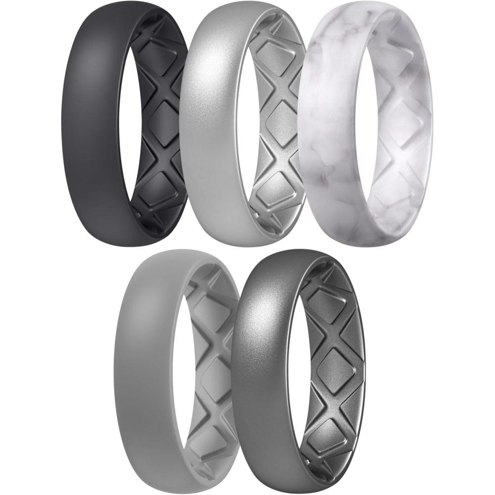 imageEgnaro Womens Bridal Rings Sets 6mm Wide 2mm Thick Silicone Wedding Rubber Band with Half Size Inner Arc Ergonomic Breathable DesignSETB1Black  Metallic Silver  Marble  Light Gray  Dark silver