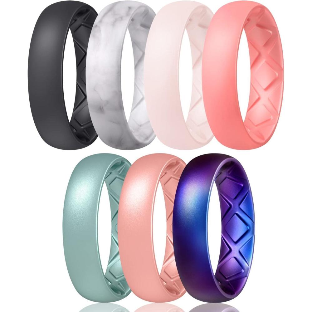 imageEgnaro Womens Bridal Rings Sets 6mm Wide 2mm Thick Silicone Wedding Rubber Band with Half Size Inner Arc Ergonomic Breathable DesignSETB2Black Marble Whitepink Faint Red Metallic Blue Light Rose Gold Galaxy