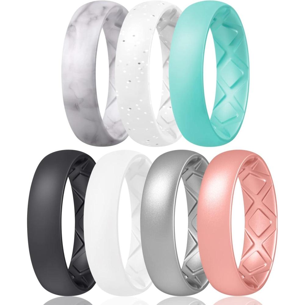 imageEgnaro Womens Bridal Rings Sets 6mm Wide 2mm Thick Silicone Wedding Rubber Band with Half Size Inner Arc Ergonomic Breathable DesignSETB8Marble  White Silver Glitter  Mint Green  White  Black  Metallic Silver  Light Rose Gold