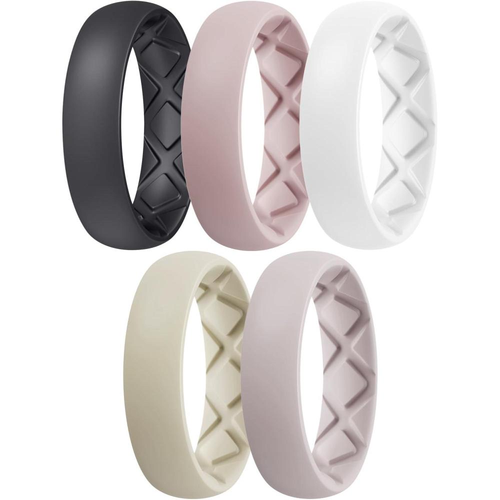 imageEgnaro Womens Bridal Rings Sets 6mm Wide 2mm Thick Silicone Wedding Rubber Band with Half Size Inner Arc Ergonomic Breathable DesignSETB9Royal Black Bright Peach Princess White Cream Beige Cloudy Pink