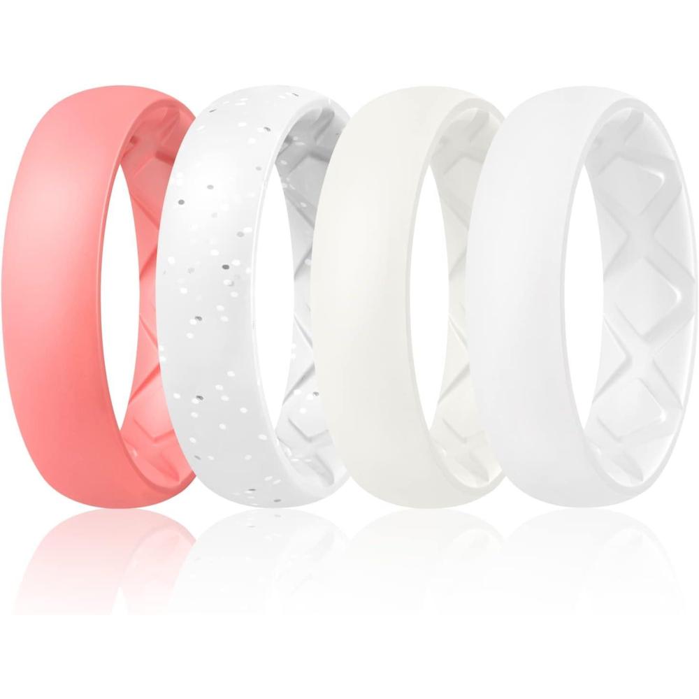 imageEgnaro Womens Bridal Rings Sets 6mm Wide 2mm Thick Silicone Wedding Rubber Band with Half Size Inner Arc Ergonomic Breathable DesignSETBFaint Red  White Silver Glitter  Ivory  White