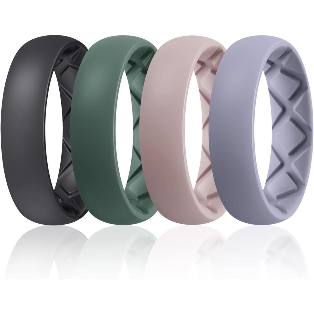imageEgnaro Womens Bridal Rings Sets 6mm Wide 2mm Thick Silicone Wedding Rubber Band with Half Size Inner Arc Ergonomic Breathable DesignSETC5Black  Green  Bright Peach  Cloudy Blue