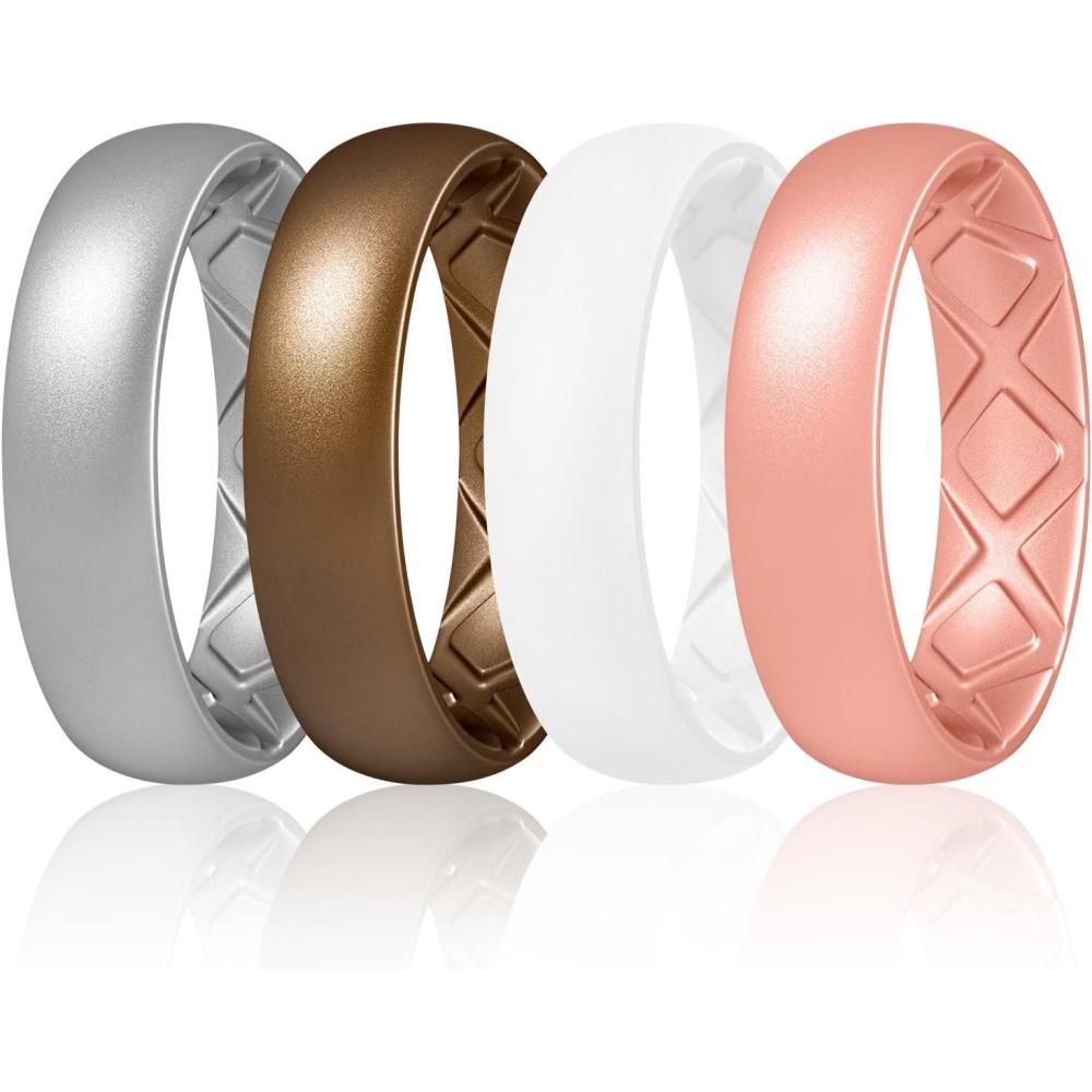 imageEgnaro Womens Bridal Rings Sets 6mm Wide 2mm Thick Silicone Wedding Rubber Band with Half Size Inner Arc Ergonomic Breathable DesignSETC7Metallic Silver  Bronze  White  Light Rose Gold