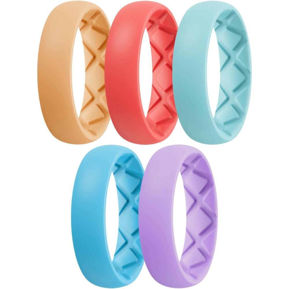 imageEgnaro Womens Bridal Rings Sets 6mm Wide 2mm Thick Silicone Wedding Rubber Band with Half Size Inner Arc Ergonomic Breathable DesignSETC9Wheat Yellow  Honey Red  Cool Blue  Oceanic Blue  Misty Purple