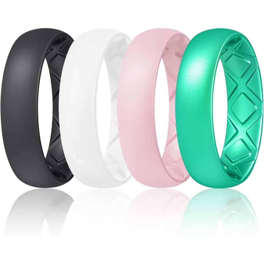 imageEgnaro Womens Bridal Rings Sets 6mm Wide 2mm Thick Silicone Wedding Rubber Band with Half Size Inner Arc Ergonomic Breathable DesignSETCBlack  White  Pink Sand  Metallic Turquoise
