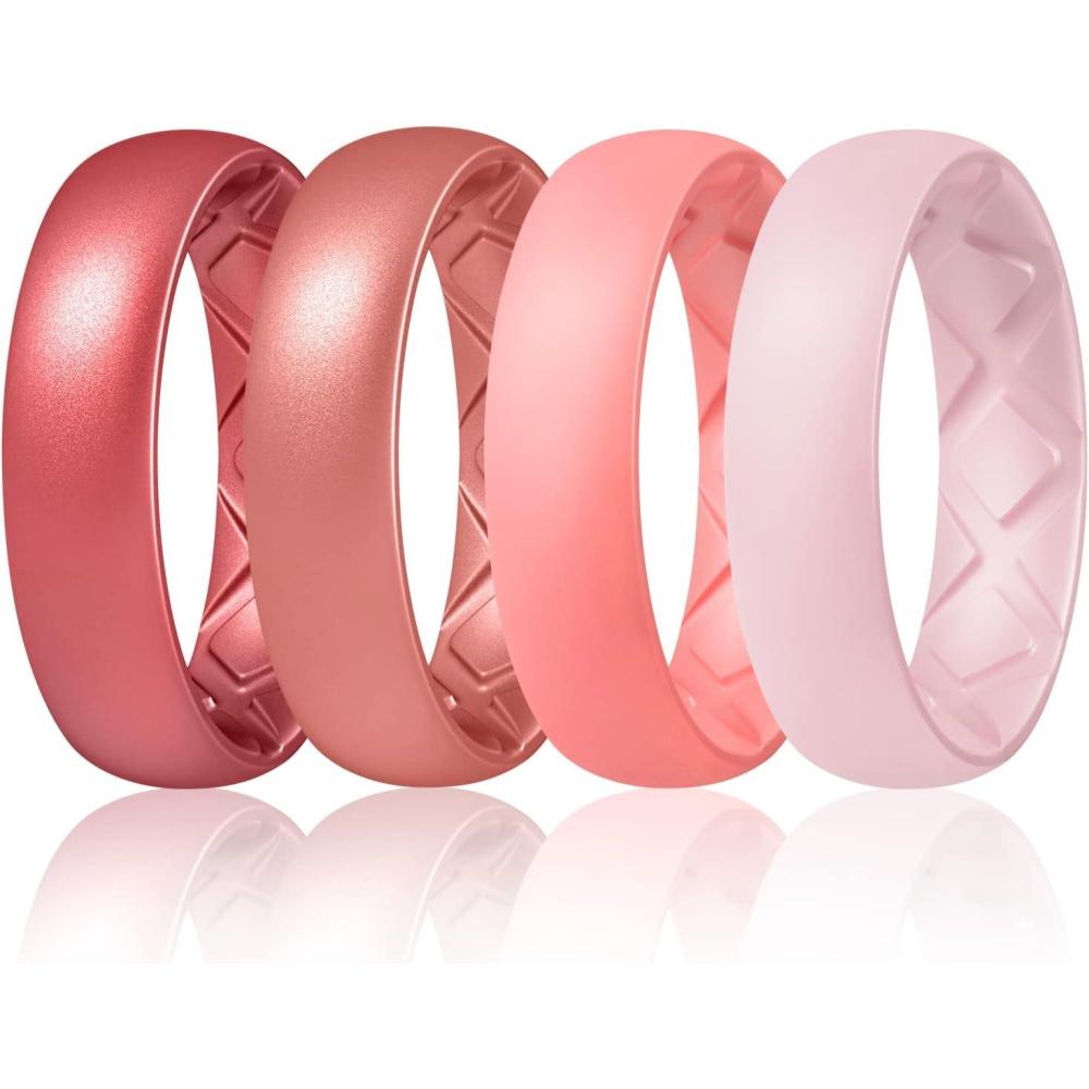 imageEgnaro Womens Bridal Rings Sets 6mm Wide 2mm Thick Silicone Wedding Rubber Band with Half Size Inner Arc Ergonomic Breathable DesignSETDMetallic Wine Red  Metallic Rose Red  Faint Red  Pink Sand