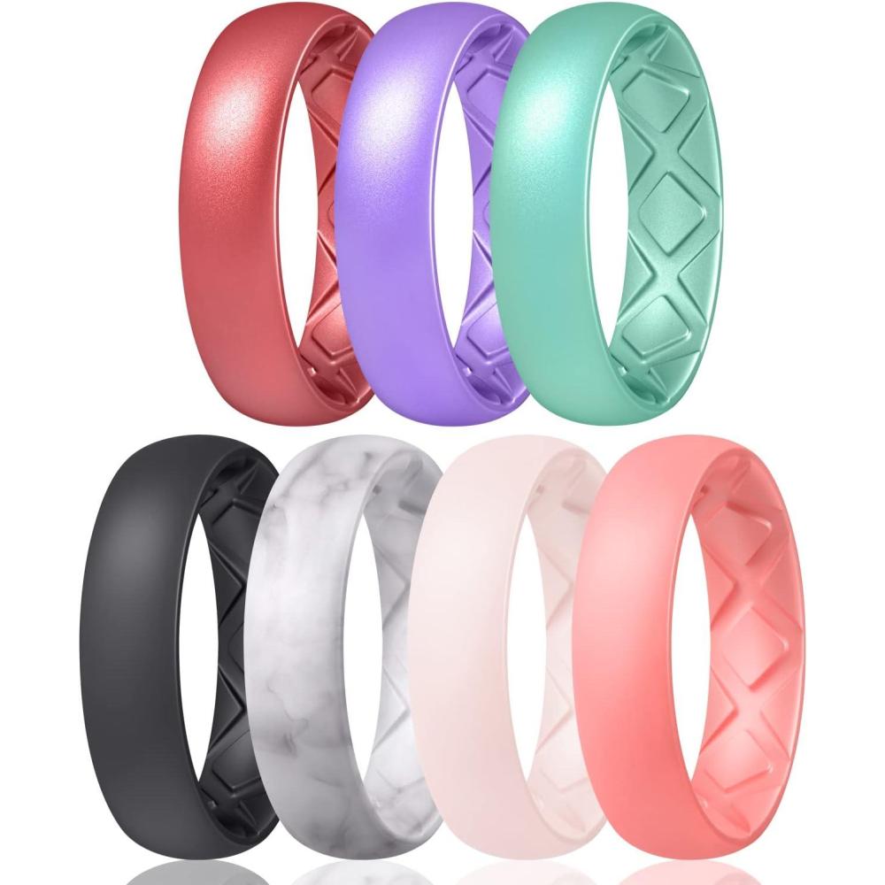 imageEgnaro Womens Bridal Rings Sets 6mm Wide 2mm Thick Silicone Wedding Rubber Band with Half Size Inner Arc Ergonomic Breathable DesignSETFMetallic Wine Red  Metallic Star Sky Purple  Metallic Pearl  Black  Marble  WhitePink  Faint Red
