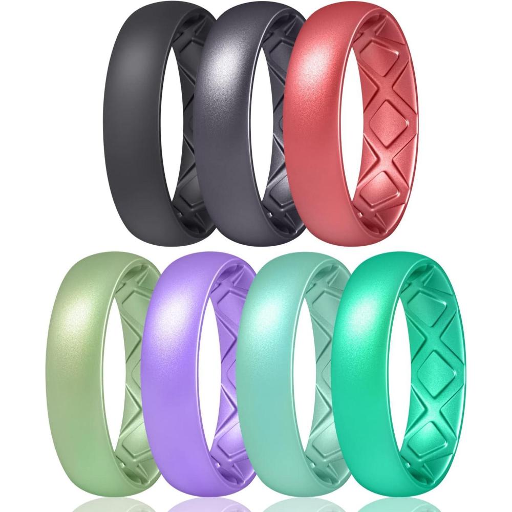 imageEgnaro Womens Bridal Rings Sets 6mm Wide 2mm Thick Silicone Wedding Rubber Band with Half Size Inner Arc Ergonomic Breathable DesignSETGBlack  Metallic Black  Metallic Wine Red  Metallic Green  Metallic Star Sky Purple  Metallic Pearl  Metallic Turquoise