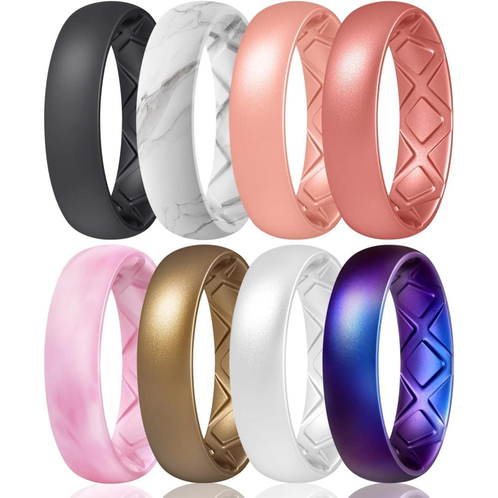 imageEgnaro Womens Bridal Rings Sets 6mm Wide 2mm Thick Silicone Wedding Rubber Band with Half Size Inner Arc Ergonomic Breathable DesignT12Black  Marble  Light Rose Gold  Metallic Pink  Pink Camo  Bronze  Bright Pearl  Galaxy