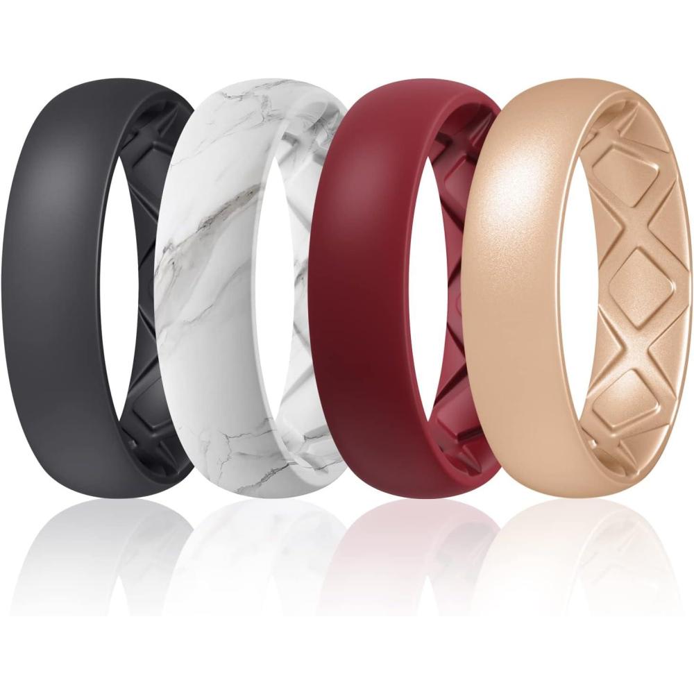 imageEgnaro Womens Bridal Rings Sets 6mm Wide 2mm Thick Silicone Wedding Rubber Band with Half Size Inner Arc Ergonomic Breathable DesignT1Black Marble Maroon Rose Gold