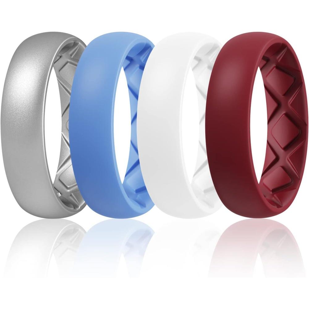 imageEgnaro Womens Bridal Rings Sets 6mm Wide 2mm Thick Silicone Wedding Rubber Band with Half Size Inner Arc Ergonomic Breathable DesignT3Metallic Silver  Blue  White  Maroon