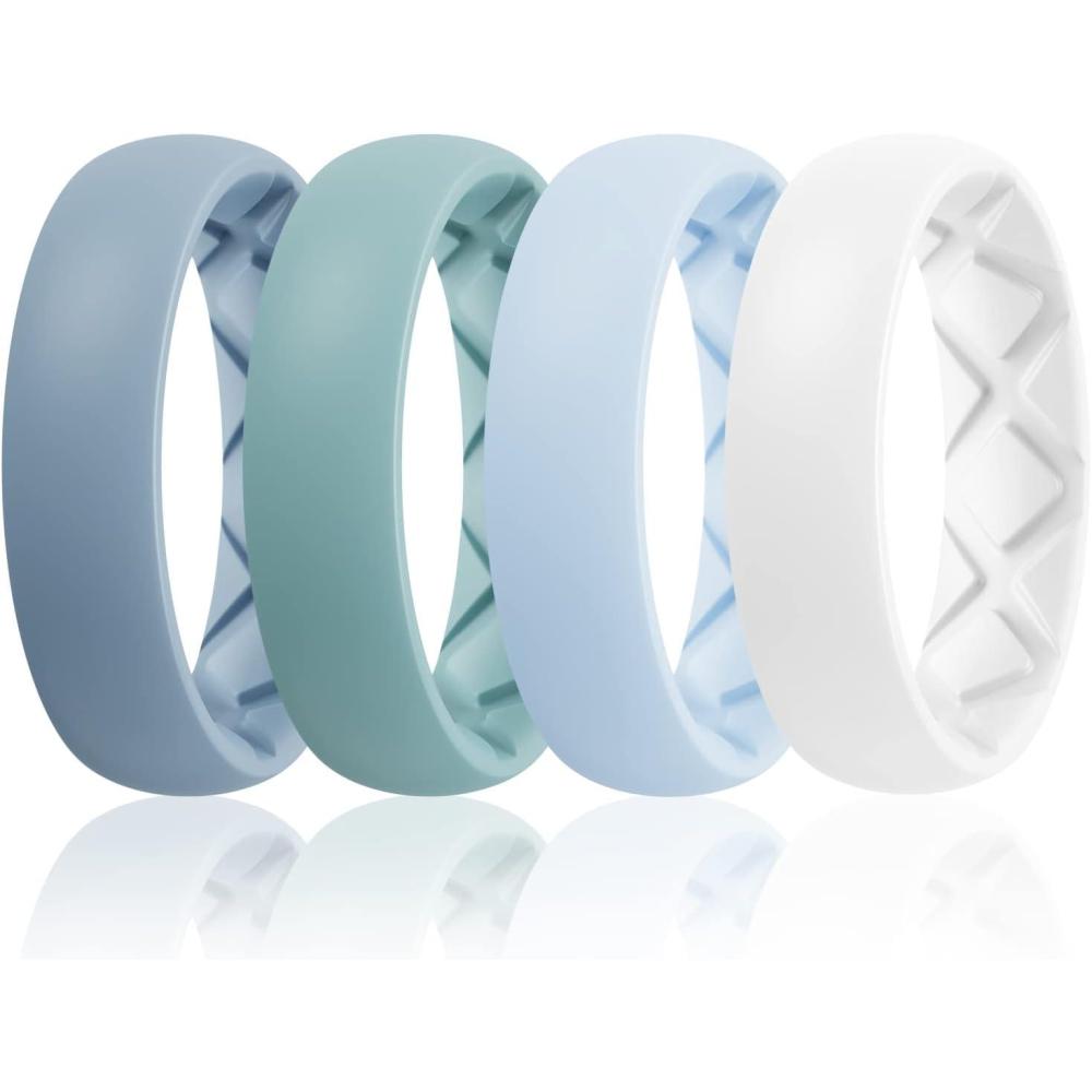 imageEgnaro Womens Bridal Rings Sets 6mm Wide 2mm Thick Silicone Wedding Rubber Band with Half Size Inner Arc Ergonomic Breathable DesignT4Blue Light Green Light Blue White
