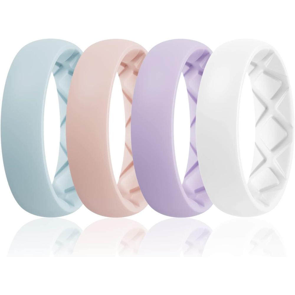 imageEgnaro Womens Bridal Rings Sets 6mm Wide 2mm Thick Silicone Wedding Rubber Band with Half Size Inner Arc Ergonomic Breathable DesignT5Light Green  Light Pink  Light Purple  White