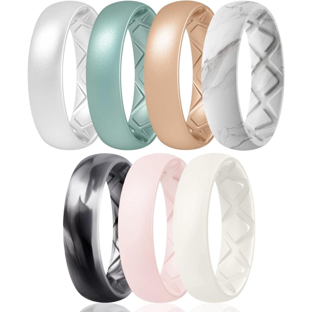 imageEgnaro Womens Bridal Rings Sets 6mm Wide 2mm Thick Silicone Wedding Rubber Band with Half Size Inner Arc Ergonomic Breathable DesignT8Bright Pearl Metallic Blue Rose Gold Marble Black Glamour Pink Sand Ivory