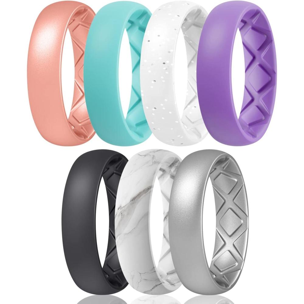 imageEgnaro Womens Bridal Rings Sets 6mm Wide 2mm Thick Silicone Wedding Rubber Band with Half Size Inner Arc Ergonomic Breathable DesignT9Light Rose Gold Mint Green White Silver Glitter Ultra Violet Black Marble Metallic Silver
