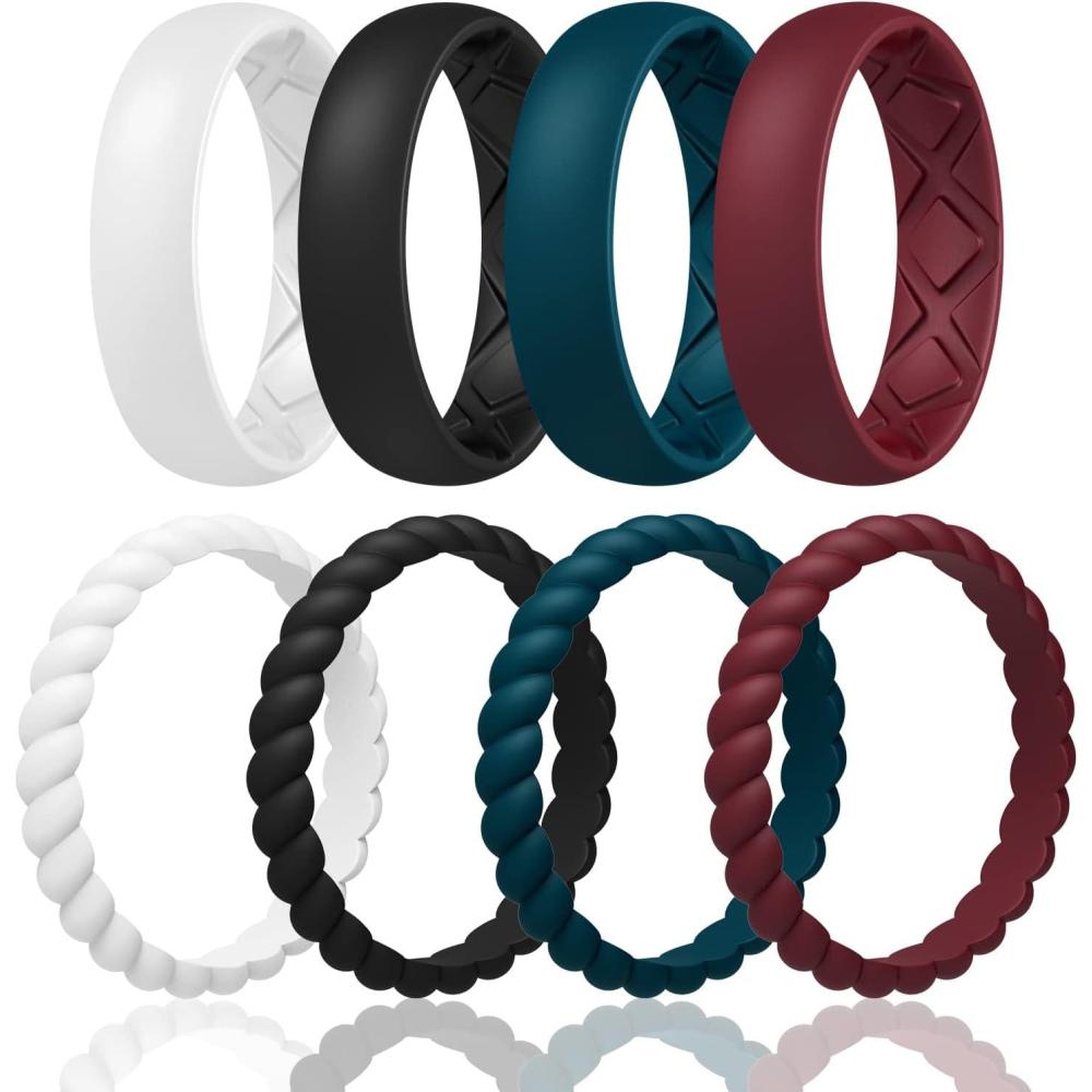 imageEgnaro Womens Bridal Rings Sets Inner Arc Ergonomic Breathable Design Silicone Rubber Wedding BandsSETA3White  Black Maroon  Dark Blue