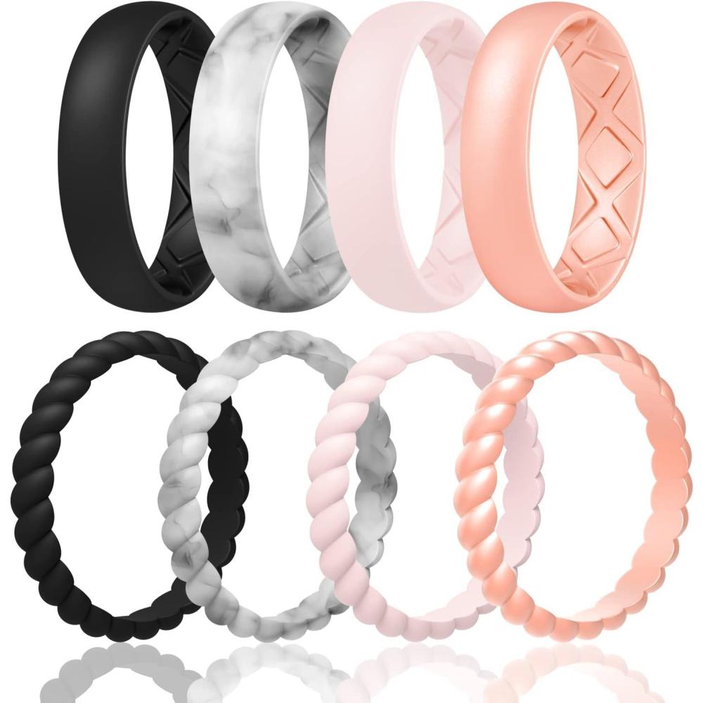 imageEgnaro Womens Bridal Rings Sets Inner Arc Ergonomic Breathable Design Silicone Rubber Wedding BandsSETA4Black  Marble  Whitepink  Rose Gold