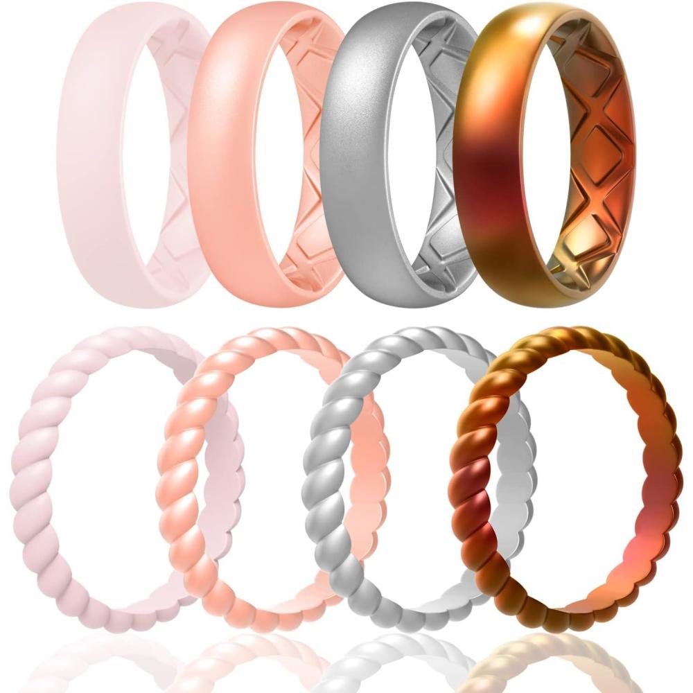 imageEgnaro Womens Bridal Rings Sets Inner Arc Ergonomic Breathable Design Silicone Rubber Wedding BandsSETA8Bright Bronze  Metallic Silver  Light Rose Gold  Pink Sand