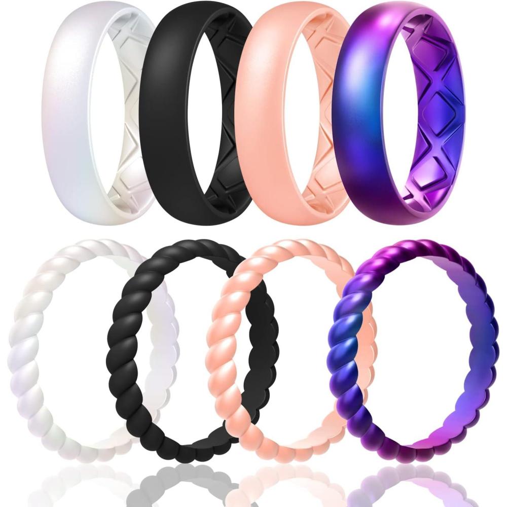 imageEgnaro Womens Bridal Rings Sets Inner Arc Ergonomic Breathable Design Silicone Rubber Wedding BandsSETB2Black Light Rose Gold Galaxy Pearl