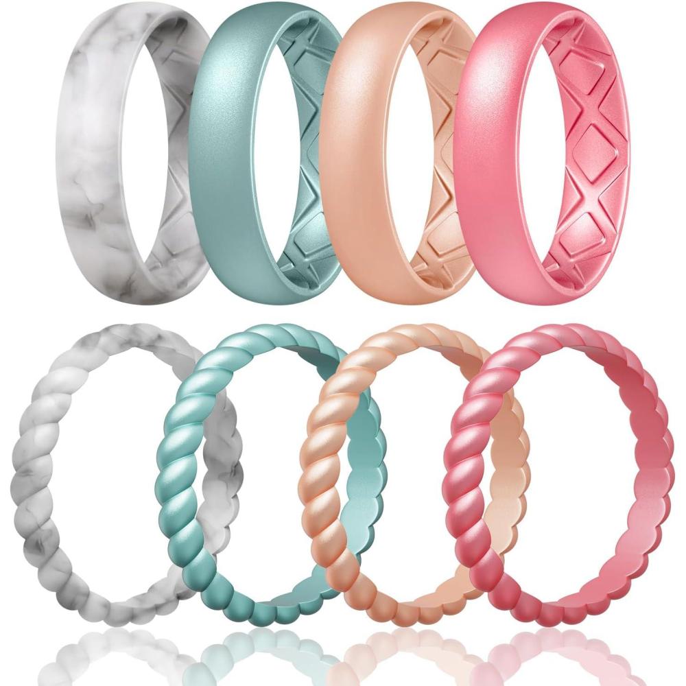 imageEgnaro Womens Bridal Rings Sets Inner Arc Ergonomic Breathable Design Silicone Rubber Wedding BandsSETB3Marble  Metallic Blue  Light Rose Gold  Metallic Pink