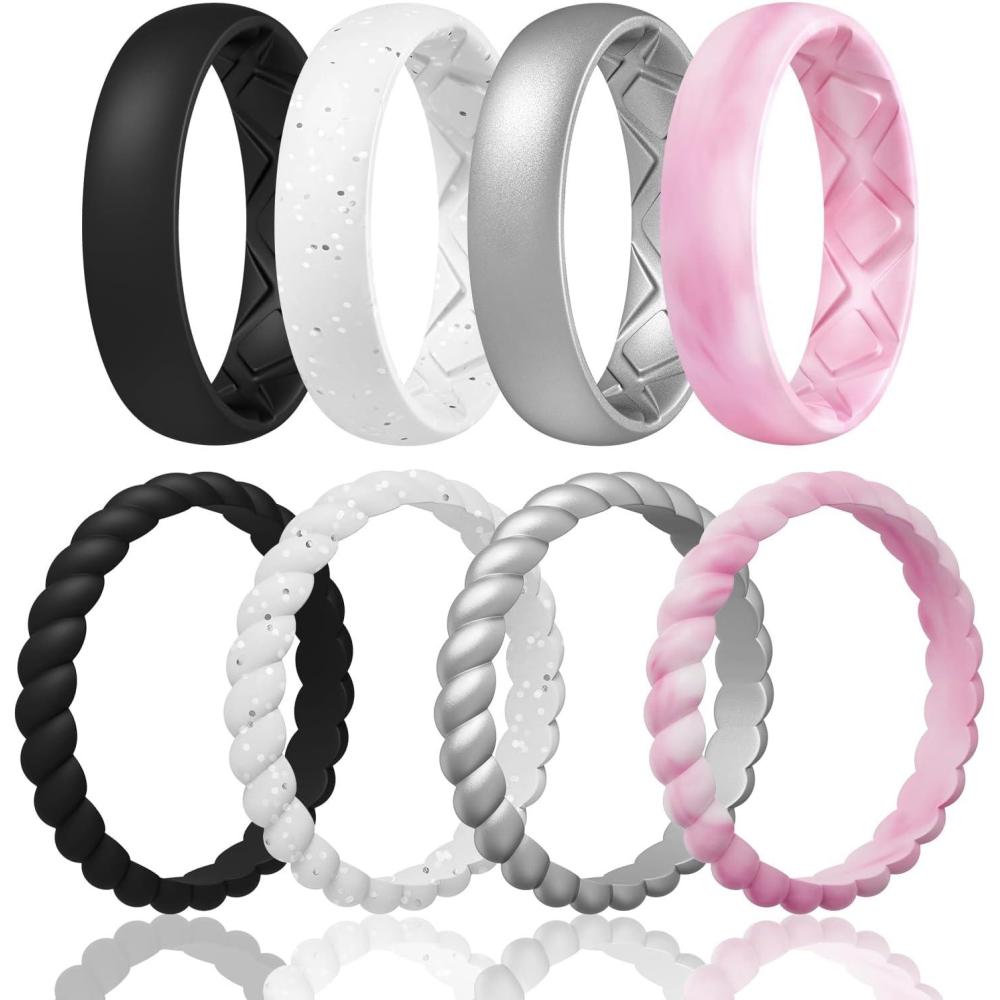 imageEgnaro Womens Bridal Rings Sets Inner Arc Ergonomic Breathable Design Silicone Rubber Wedding BandsSETB4Black White Silver Glitter Metallic Silver Pink Camo