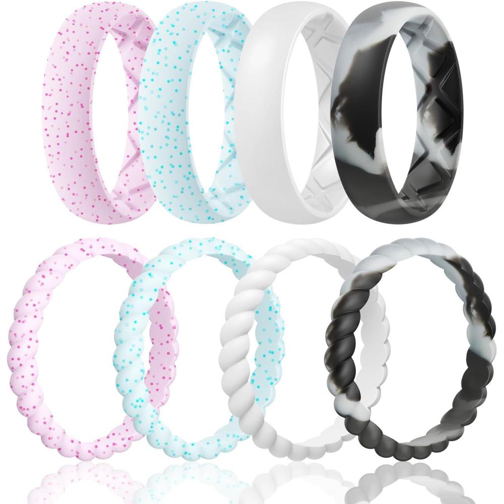 imageEgnaro Womens Bridal Rings Sets Inner Arc Ergonomic Breathable Design Silicone Rubber Wedding BandsSETB5Light Pink Sparkle  Light Green Sparkle  White  Black Gray Camo