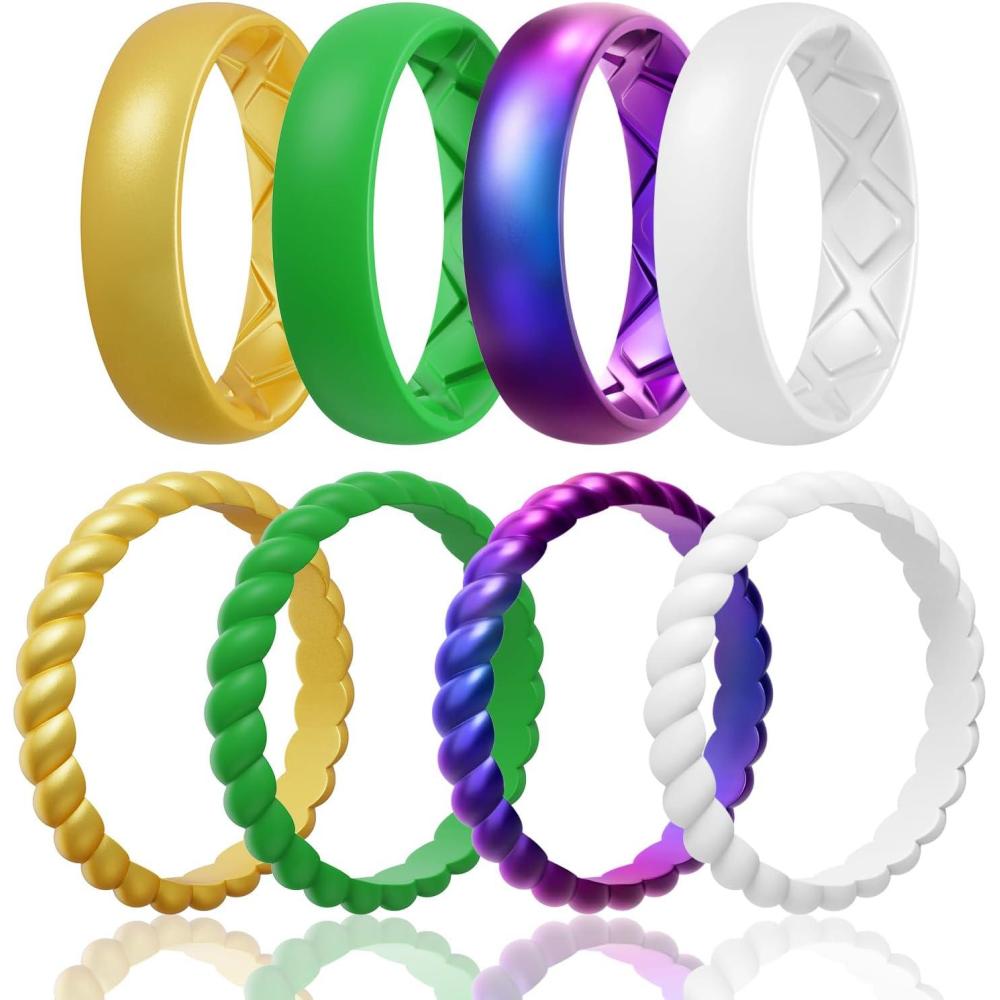 imageEgnaro Womens Bridal Rings Sets Inner Arc Ergonomic Breathable Design Silicone Rubber Wedding BandsSETB6Metallic Gold  Cyan  Galaxy  White