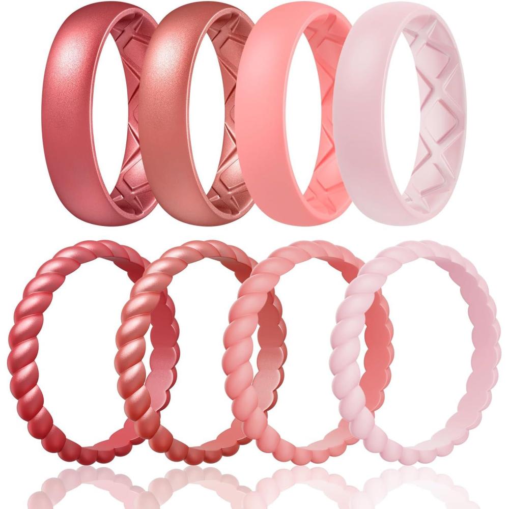 imageEgnaro Womens Bridal Rings Sets Inner Arc Ergonomic Breathable Design Silicone Rubber Wedding BandsSETD3Metallic Wine Red  Metallic Rose Red  Faint Red  Pink Sand