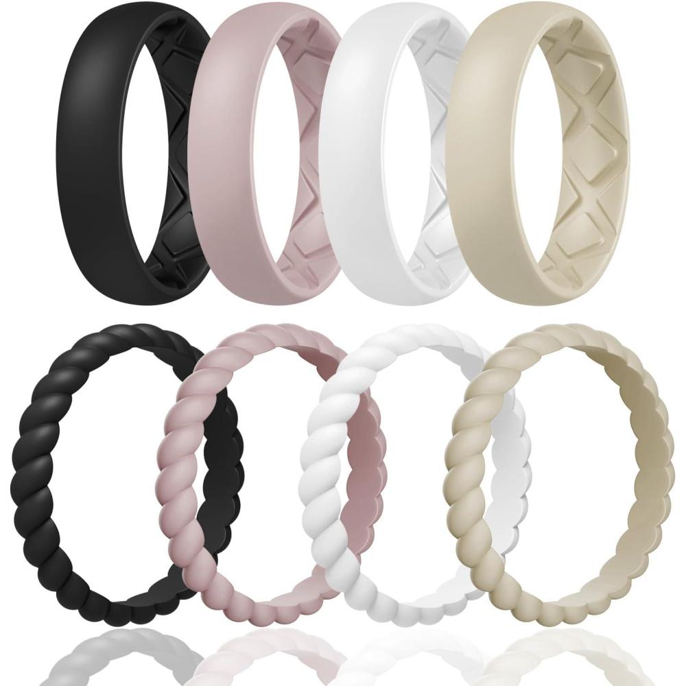 imageEgnaro Womens Bridal Rings Sets Inner Arc Ergonomic Breathable Design Silicone Rubber Wedding BandsSETD4Royal Black Bright Peach Princess White Cream Beige Cloudy Pink