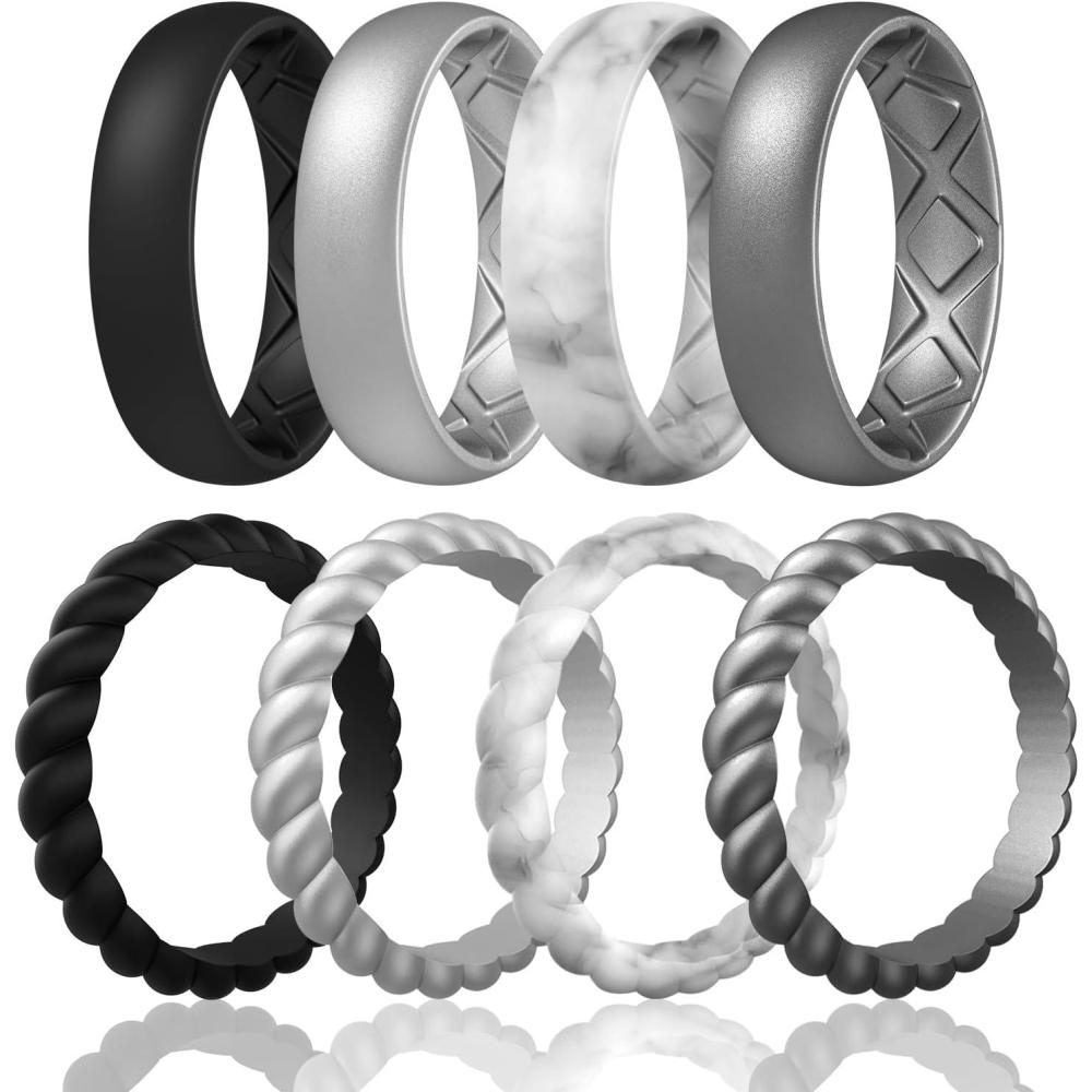 imageEgnaro Womens Bridal Rings Sets Inner Arc Ergonomic Breathable Design Silicone Rubber Wedding BandsSETD5Black  Metallic Silver  Marble  Dark silver