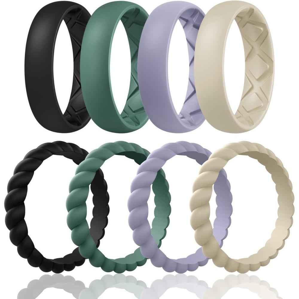 imageEgnaro Womens Bridal Rings Sets Inner Arc Ergonomic Breathable Design Silicone Rubber Wedding BandsSETD7Black  Green  Cloudy Blue  Cream Beige
