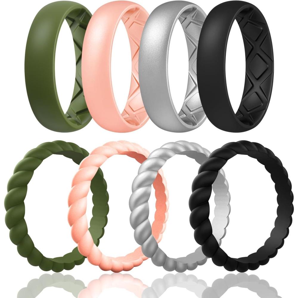 imageEgnaro Womens Bridal Rings Sets Inner Arc Ergonomic Breathable Design Silicone Rubber Wedding BandsSETE2Olive Green  Light Rose Gold  Metallic Silver  Black