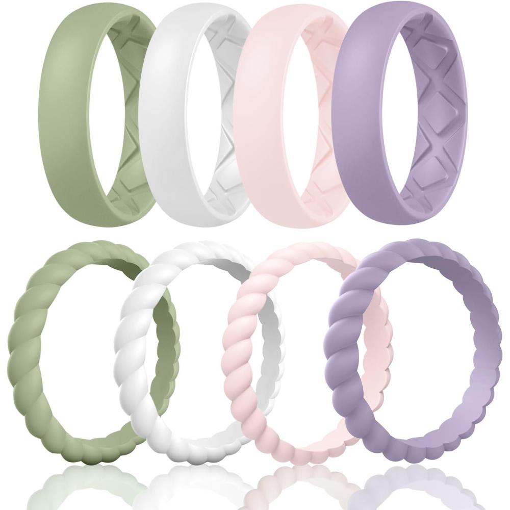 imageEgnaro Womens Bridal Rings Sets Inner Arc Ergonomic Breathable Design Silicone Rubber Wedding BandsSETE3Mist Green  White  Whitepink  Light Purple