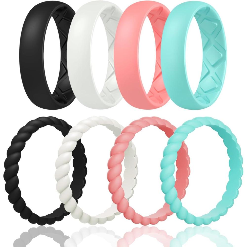 imageEgnaro Womens Bridal Rings Sets Inner Arc Ergonomic Breathable Design Silicone Rubber Wedding BandsSETE6Black  Ivory  Faint Red  Mint Green