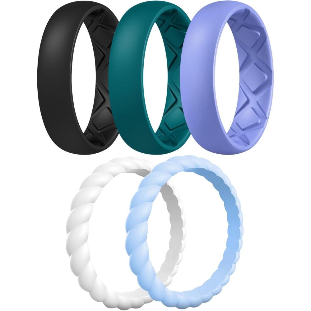 imageEgnaro Womens Bridal Rings Sets Inner Arc Ergonomic Breathable Design Silicone Rubber Wedding BandsSETF3Black  Emerald Green  light purpleblue  Sky Blue  White