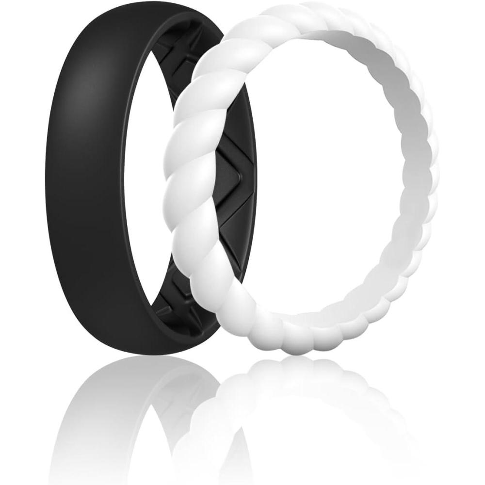 imageEgnaro Womens Bridal Rings Sets Inner Arc Ergonomic Breathable Design Silicone Rubber Wedding BandsSETH1Black White