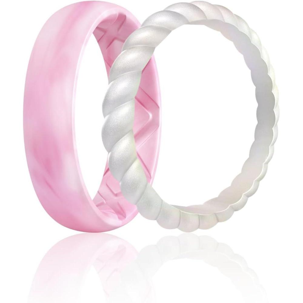 imageEgnaro Womens Bridal Rings Sets Inner Arc Ergonomic Breathable Design Silicone Rubber Wedding BandsSETH3Pink Camo  Metallic Pearl White