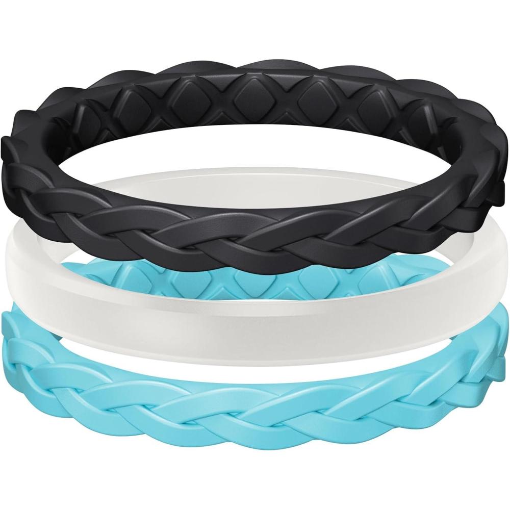 imageEgnaro Womens Rings Enhancers Silicone Thin and Stackable Rubber Wedding Bands Variety Multipack With Breathable Grooves Workout AccessoriesB2Black White Cyan blue