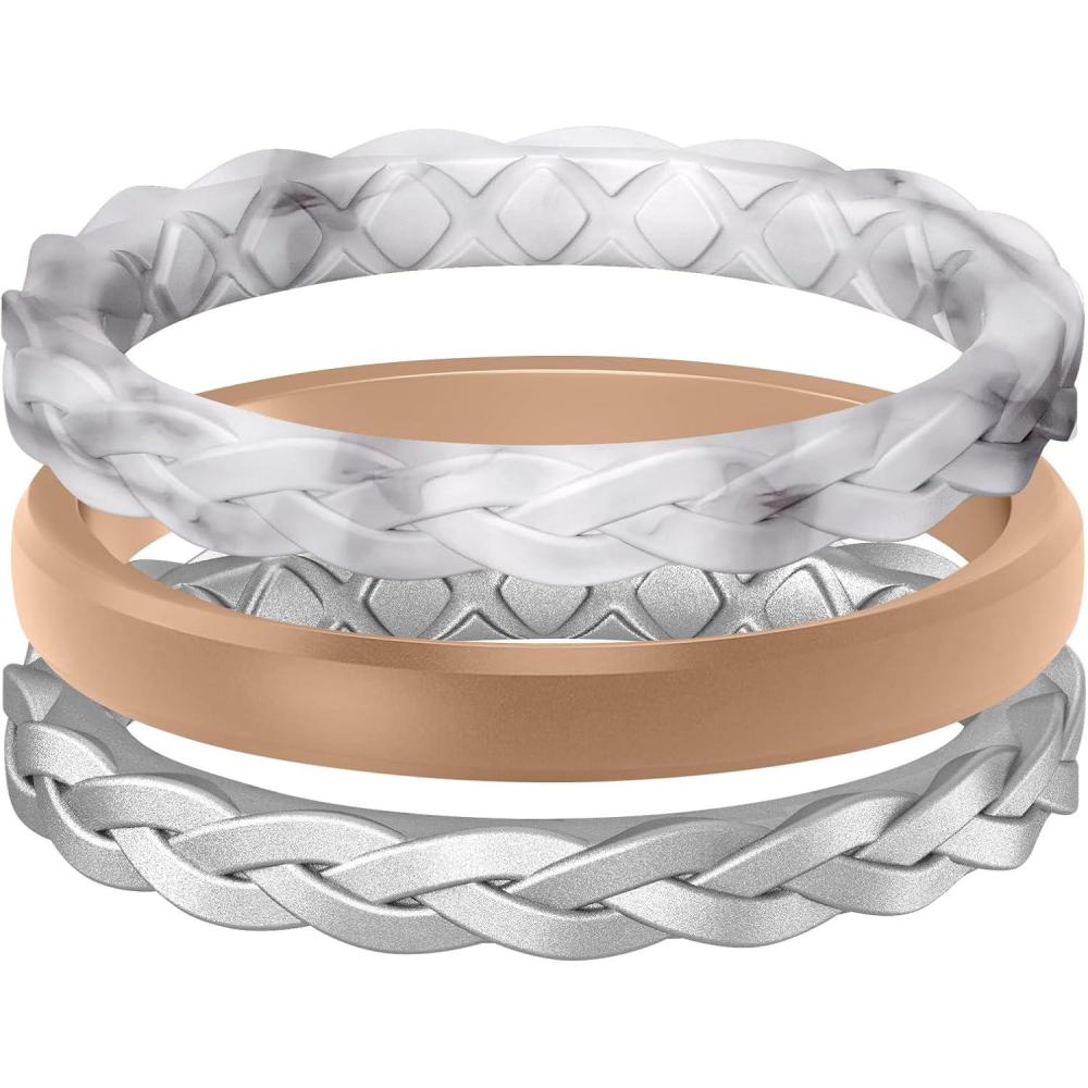 imageEgnaro Womens Rings Enhancers Silicone Thin and Stackable Rubber Wedding Bands Variety Multipack With Breathable Grooves Workout AccessoriesB4Marble  Rose Gold  Metallic Silver