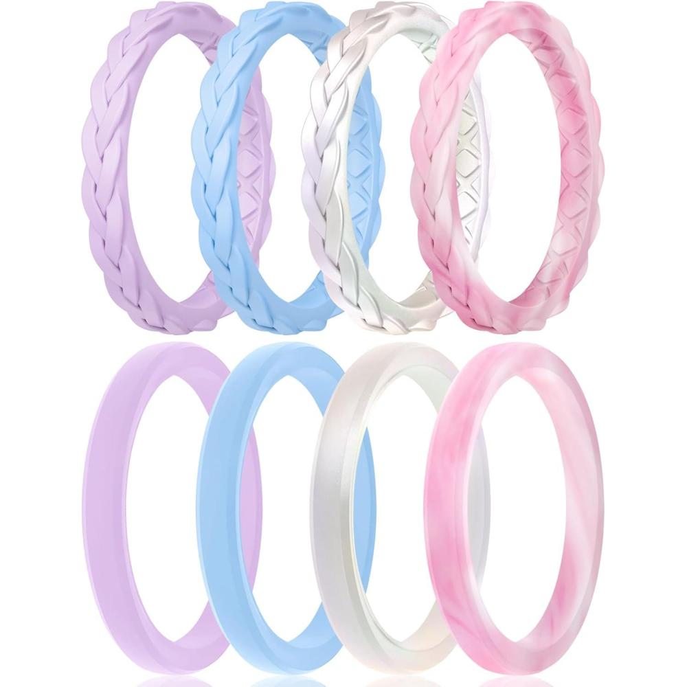 imageEgnaro Womens Rings Enhancers Silicone Thin and Stackable Rubber Wedding Bands Variety Multipack With Breathable Grooves Workout AccessoriesC1Pink Camo  Lilac Purple  Sky Blue  Metallic Pearl White