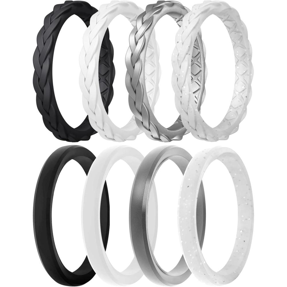 imageEgnaro Womens Rings Enhancers Silicone Thin and Stackable Rubber Wedding Bands Variety Multipack With Breathable Grooves Workout AccessoriesC2Black White Metallic Silver White Silver Glitter