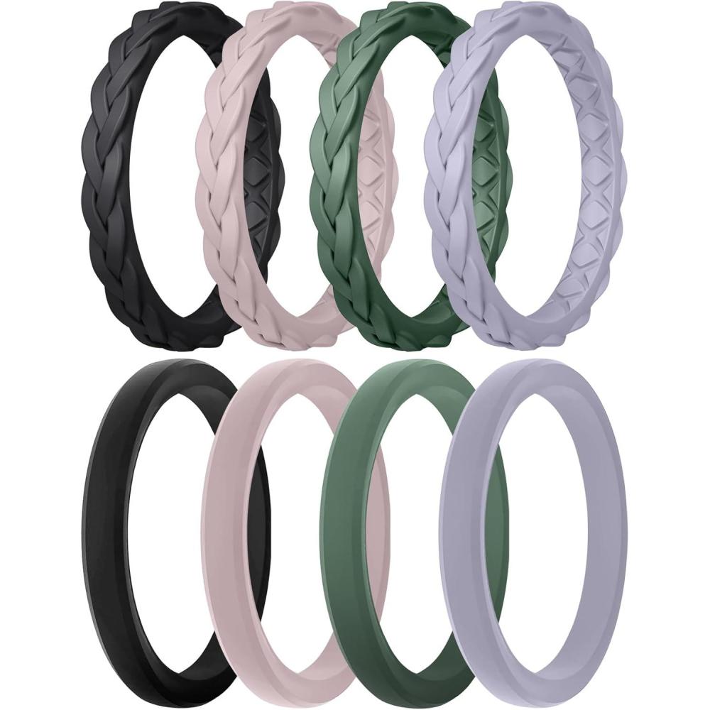imageEgnaro Womens Rings Enhancers Silicone Thin and Stackable Rubber Wedding Bands Variety Multipack With Breathable Grooves Workout AccessoriesCBlack  Bright Peach  Green  Cloudy Blue