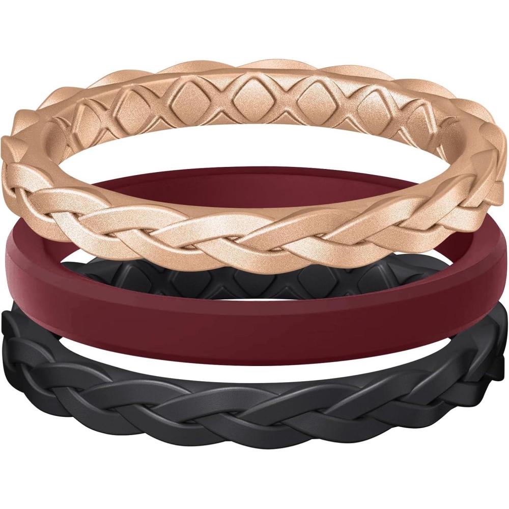 imageEgnaro Womens Rings Enhancers Silicone Thin and Stackable Rubber Wedding Bands Variety Multipack With Breathable Grooves Workout AccessoriesSETDRose Gold  Maroon  Black