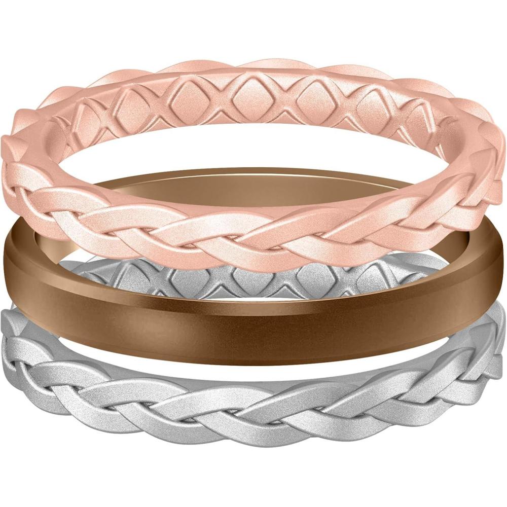 imageEgnaro Womens Rings Enhancers Silicone Thin and Stackable Rubber Wedding Bands Variety Multipack With Breathable Grooves Workout AccessoriesT3Light Rose Gold Bronze Metallic Silver