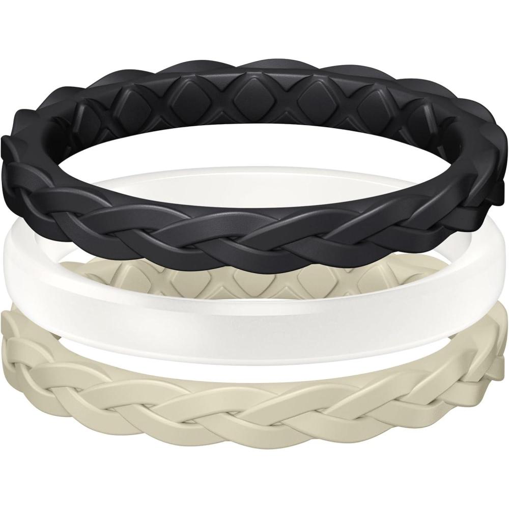imageEgnaro Womens Rings Enhancers Silicone Thin and Stackable Rubber Wedding Bands Variety Multipack With Breathable Grooves Workout AccessoriesT4Black  White  Cream Beige