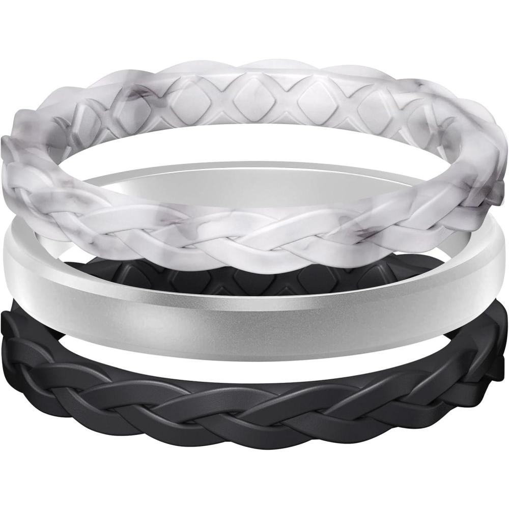 imageEgnaro Womens Rings Enhancers Silicone Thin and Stackable Rubber Wedding Bands Variety Multipack With Breathable Grooves Workout AccessoriesTMarble Metallic Silver Black