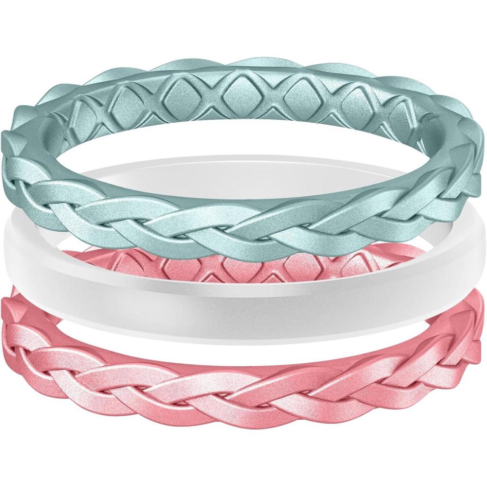 imageEgnaro Womens Rings Enhancers Silicone Thin and Stackable Rubber Wedding Bands Variety Multipack With Breathable Grooves Workout AccessoriesU1Metallic Blue  Metallic Pearl White  Metallic Pink